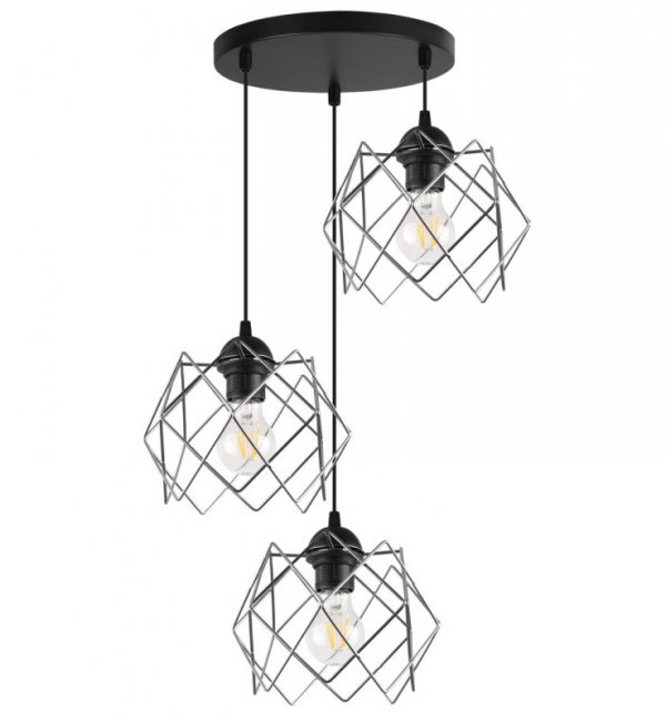 Lampa wisząca STELLA, sufitowa, okrągła czarna listwa loft, potrójna, trzy srebrne klosze, glamour