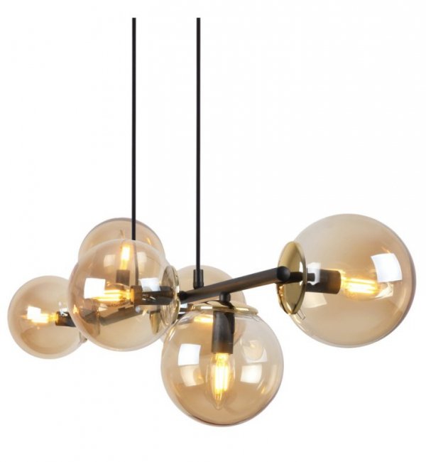 Lampa sufitowa SIENA, czarny żyrandol listwa ze złotymi dodatkami, szklane miodowe kule loft, E14