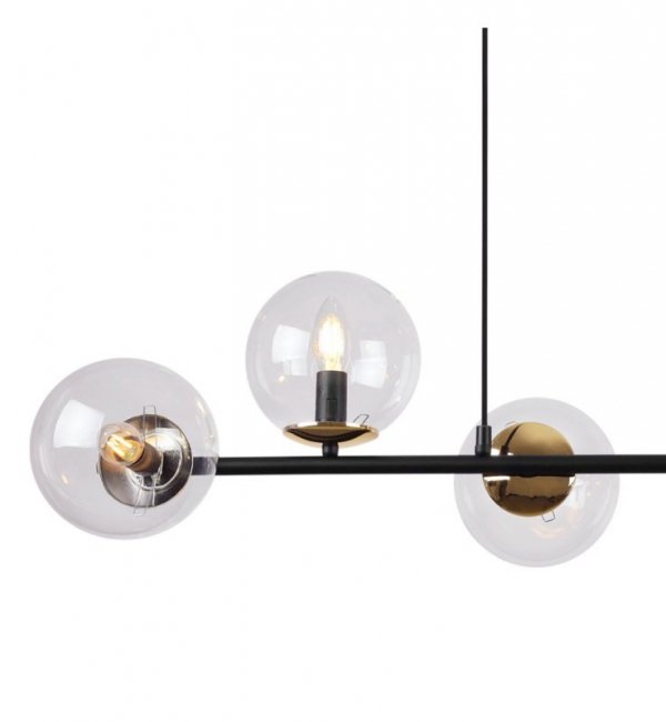 Lampa wisząca SIENA, sufitowa, czarna listwa do kuchni i salonu, szklane przezroczyste kule, 6xE14