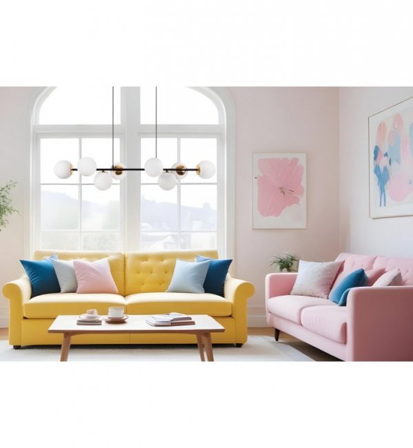 Lampa sufitowa SIENA, wisząca, żyrandol loft, czarno-złota konstrukcja, białe kule ze szkła, 8xE14