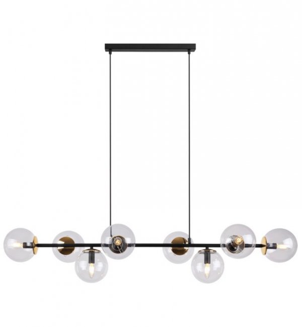 Lampa sufitowa SIENA, wisząca, długi czarny żyrandol listwa, glamour, bezbarwne kule, złote akcenty