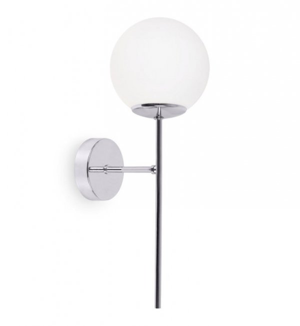Lampa typu kinkiet SIENA, ścienna, sufitowa, konstrukcja chrom, biały klosz w kształcie kuli, styl loft, E14