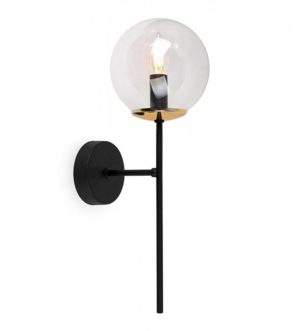 Lampa ścienna SIENA, czarny plafon w stylu loft, złote akcenty, przezroczysty klosz w kształcie kuli, gwint E14