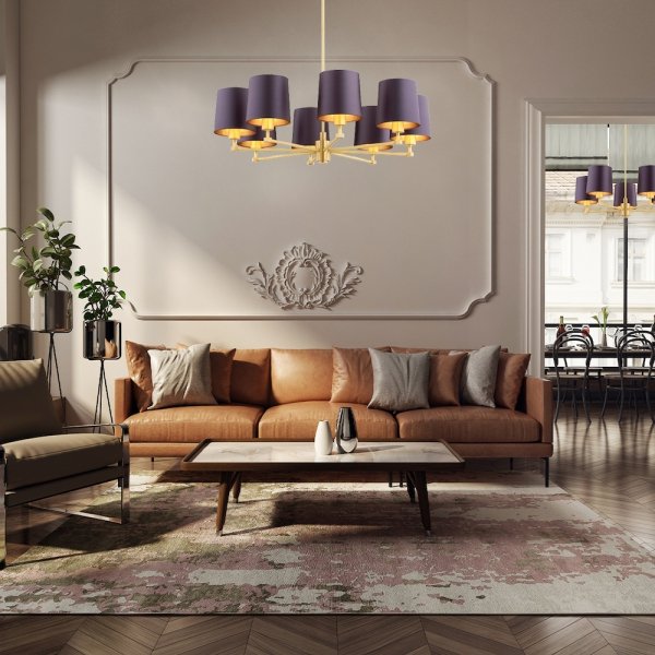LAMPA WISZĄCA ZŁOTA FIOLET DO SYPIALNI ŻYRANDOL DUŻY DO SALONU MOSIĘŻNY ZŁOTY SZCZOTKOWANY ŚLIWKOWE ABAŻURY KLASYCZNY GLAMOUR ARGON PRINCETON 2188