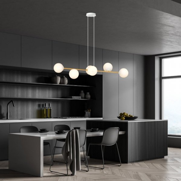 LAMPA WISZĄCA ZŁOTA KULE BIAŁE NAD STÓŁ EMIBIG GRAVITY 6 WH GOLD