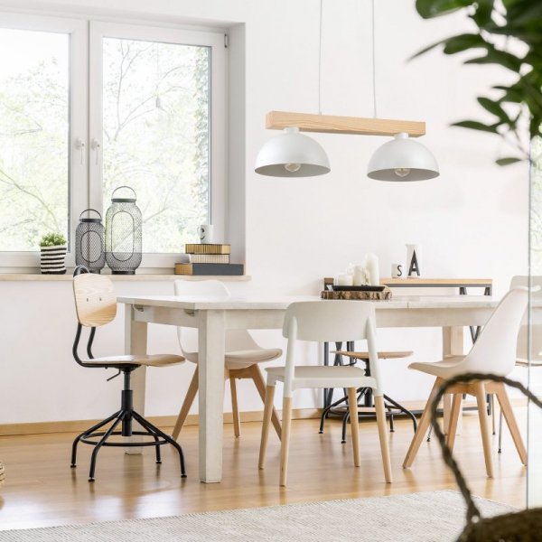 TK LIGHTING OSLO WHITE 4713 LAMPA WISZĄCA DREWNIANA BELKA BIAŁE KLOSZE NAD STÓŁ SKANDYNAWSKA