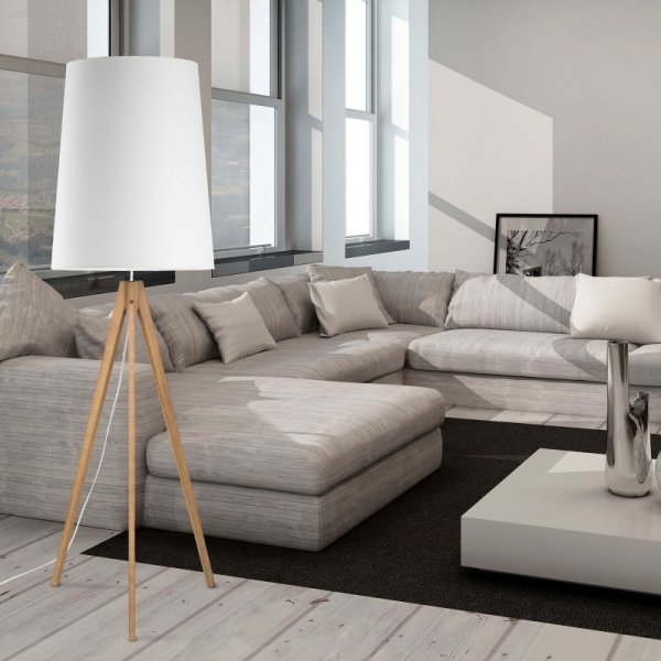 TK LIGHTING WALZ WHITE 5047 LAMPA PODŁOGOWA TRÓJNÓG DREWNIANA Z ABAŻUREM BIAŁYM