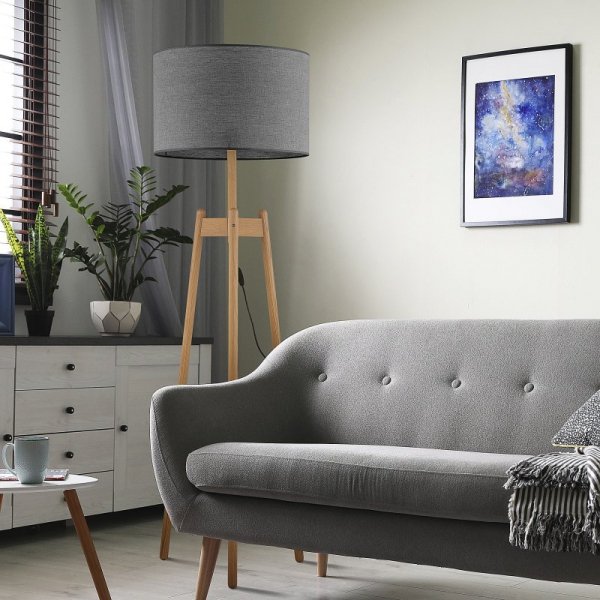 TK LIGHTING PEREZ GRAY 5426 LAMPA PODŁOGOWA DREWNIANA TRÓJNÓG Z ABAŻUREM SZARYM