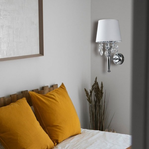 KINKIET GLAMPUR CHROM SREBRNY Z KRYSZTAŁKAMI DO SALONU SYPIALNI Z ABAŻUREM BIAŁY LIGHT PRESTIGE VIGO  LP-0412/1W WH