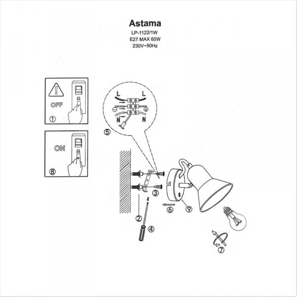KINKIET BIAŁY Z WŁĄCZNIKIEM NOWOCZESNY METALOWY DO SYPIALNI SALONU LIGHT PRESTIGE ASTAMA LP-1122/1W WH