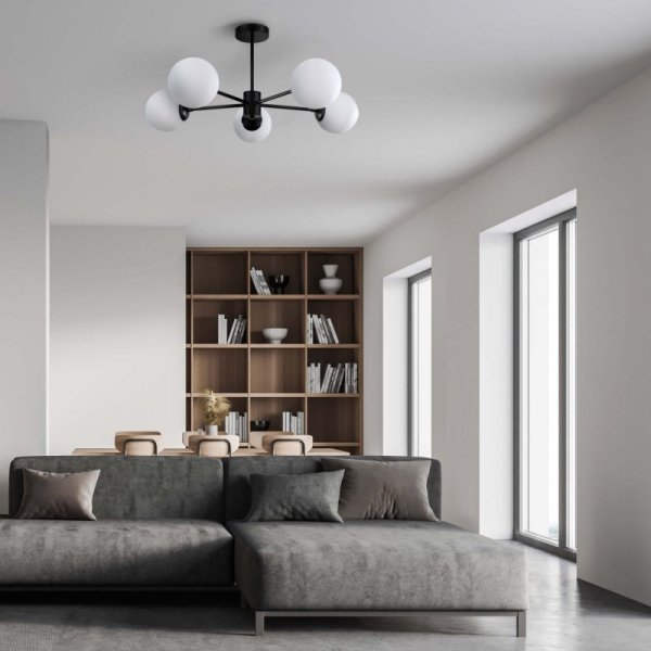 LIGHT PRESTIGE ROMA LP-1345/5P BK LAMPA SUFITOWA CZARNA MATOWA KULE BIAŁE KLOSZE DO SYPIALNI SALONU POKOJU