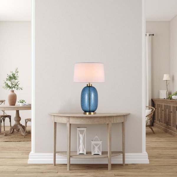 LAMPA STOŁOWA SZKLANA NIEBIESKA Z BIAŁYM ABAŻUREM LIGHT PRESTIGE AMUR  LP-919/1T