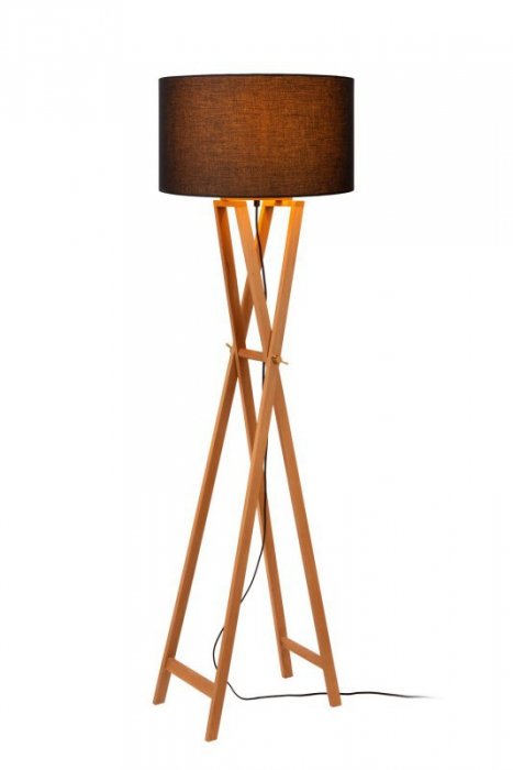 LAMPA PODŁOGOWA STOJĄCA DREWNIANA Z CZARNYM LNIANYM KLOSZEM ABAŻUREM DO SALONU LUCIDE TRAFALGAR 30763/81/72