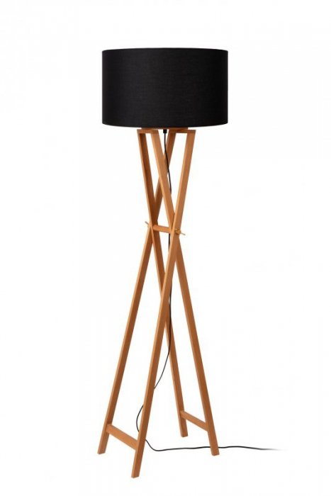 LAMPA PODŁOGOWA STOJĄCA DREWNIANA Z CZARNYM LNIANYM KLOSZEM ABAŻUREM DO SALONU LUCIDE TRAFALGAR 30763/81/72