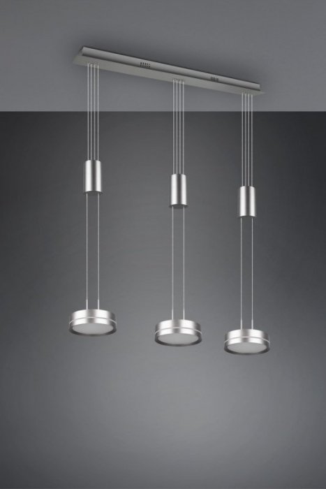 LAMPA WISZĄCA LED NIKIEL MATOWY NAD STÓŁ DO SALONU JADALNI KUCHNI NOWOCZESNA Z REGULOWANĄ WYSOKOŚCIĄ POTRÓJNA  3000K BARWA CIEPŁA FRANKLIN 326510307 TRIO