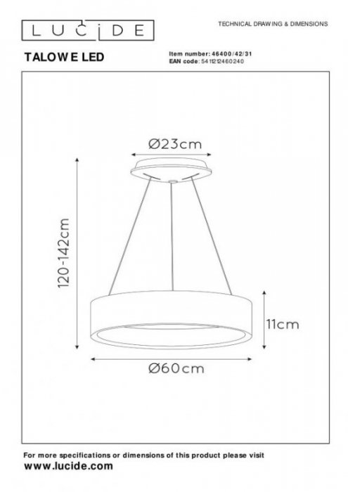 LAMPA WISZĄCA RING LED OBRĘCZ LUCIDE TALOWE 46400/42/31