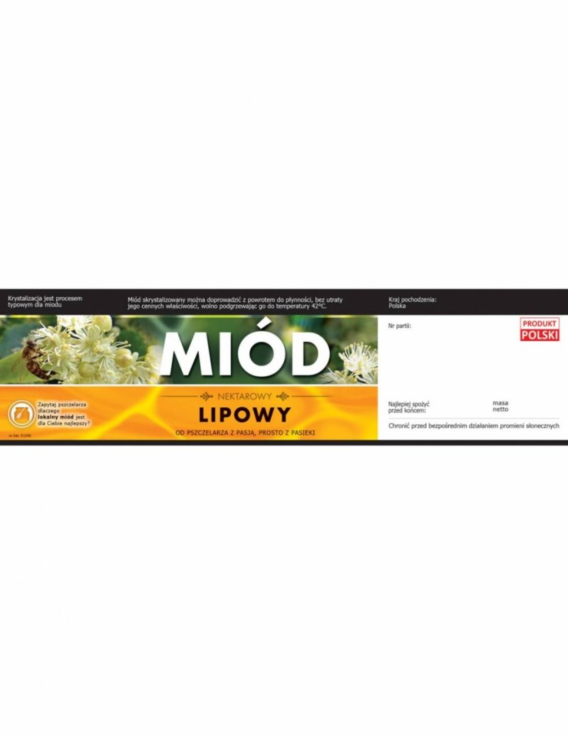 Paczka etykiet z kontretykietą na miód lipowy (100szt) Samoprzylepne (200 mm x 55 mm). 