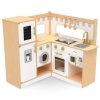 Drewniana, interaktywna kuchnia narożna XXXL z lodówką, mikrofalą, piekarnikiem, pralką i akcesoriami - naturalna