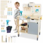 Duży drewniany warsztat z narzędziami XXL - zestaw majsterkowicza, 74 elementy