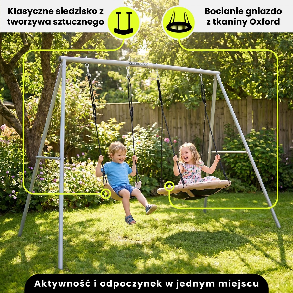 Podwójna huśtawka ogrodowa ze stelażem – bocianie gniazdo i siedzisko, szaro-beżowa