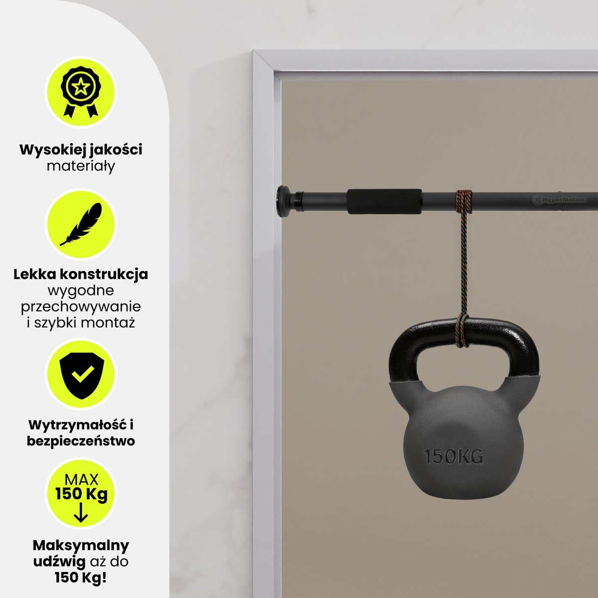 Drążek rozporowy do podciągania HyperMotion regulowany 80–130 cm, 150kg, czarny