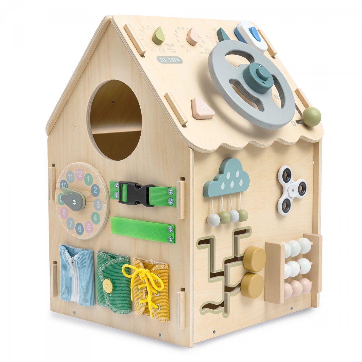 Drewniany, edukacyjny domek aktywności Montessori 6 w 1- sensoryczna tablica manipulacyjna