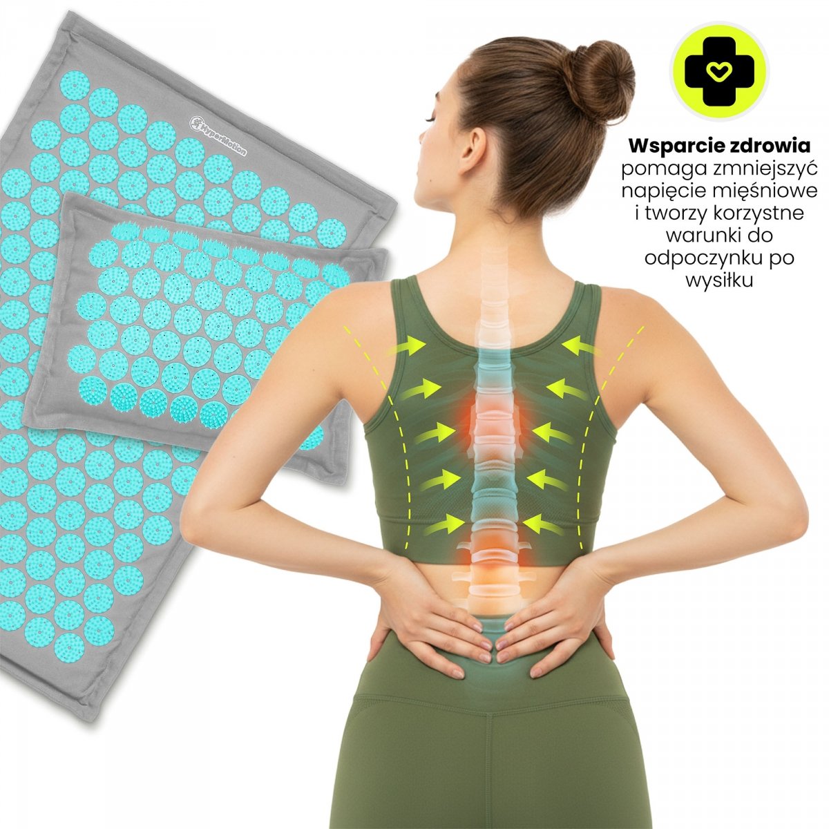 Mata do akupresury ECO lniana z włóknem kokosowym i poduszką z gryki – 68 cm HyperMotion szaro-miętowa