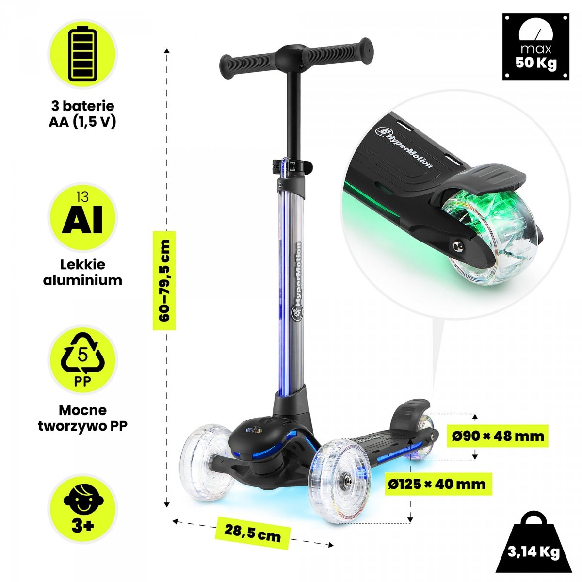 Hulajnoga balansowa HyperMotion BECKY - oświetlenie RGB LED, kolor czarny