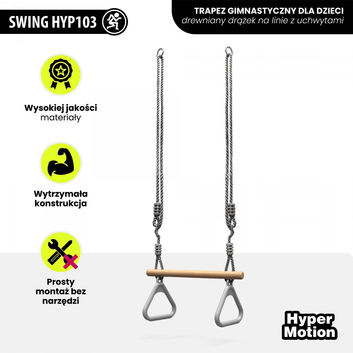 Trapez gimnastyczny dla dzieci z uchwytami – drewniany drążek na linie, zestaw do huśtawki HyperMotion