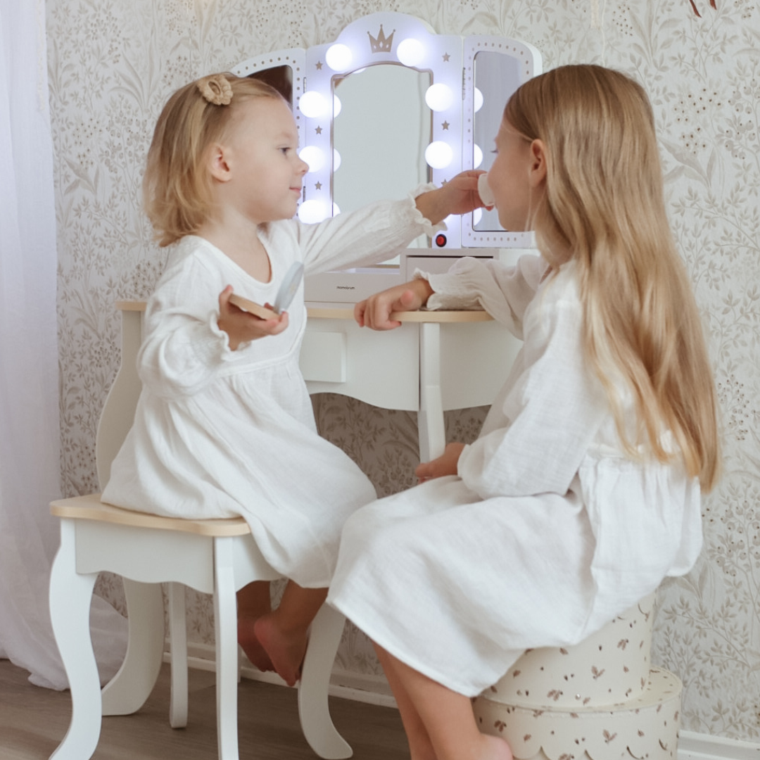 Drewniana toaletka XXL z taboretem i oświetleniem LED dla dzieci + akcesoria