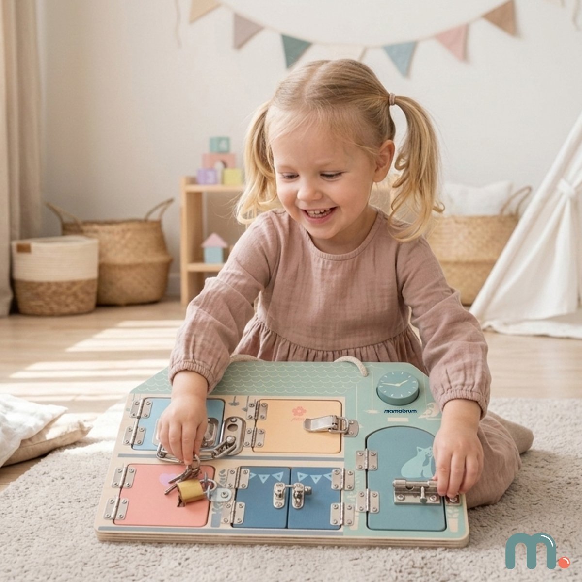 Drewniana tablica manipulacyjna Montessori - Sensoryczna Nauka samodzielności - Domek z zamkami