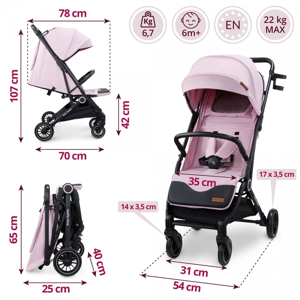 Wózek dziecięcy Spacerówka Moby-System LENA PINK PRO z funkcją WALIZKI