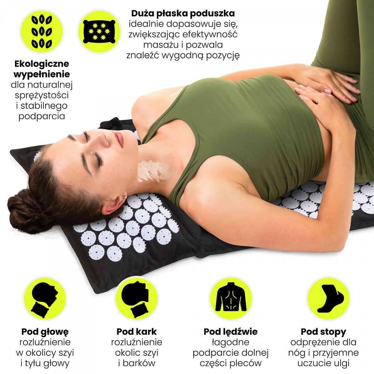 Mata do akupresury ECO lniana z włóknem kokosowym i poduszką z gryki – 68 cm HyperMotion czarno-biała