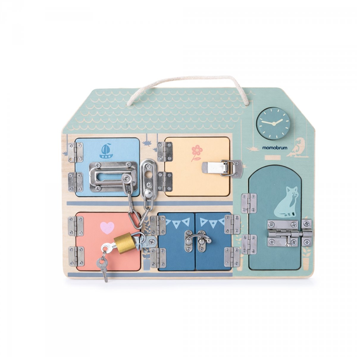 Drewniana tablica manipulacyjna Montessori - Sensoryczna Nauka samodzielności - Domek z zamkami