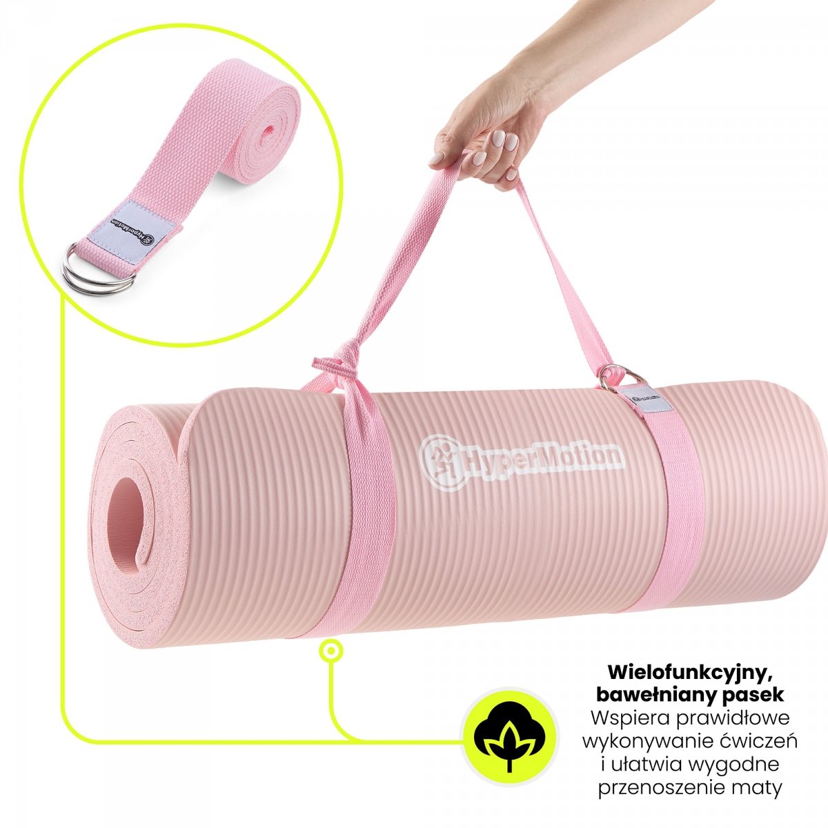 Mata do ćwiczeń fitness i jogi NBR z wielofunkcyjnym paskiem do ćwiczeń i przenoszenia - 183 x 61 x 1,5 cm HyperMotion - kolor różowy