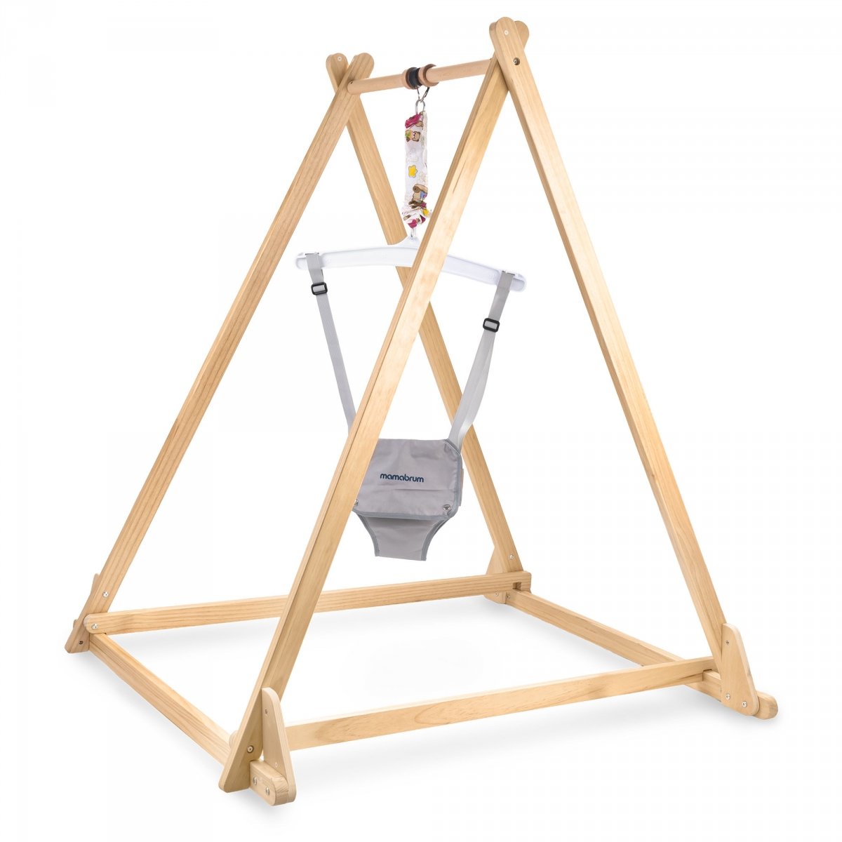 Drewniany skoczek dla dziecka ze stojakiem i regulowanym siedziskiem – jumper dla niemowląt 