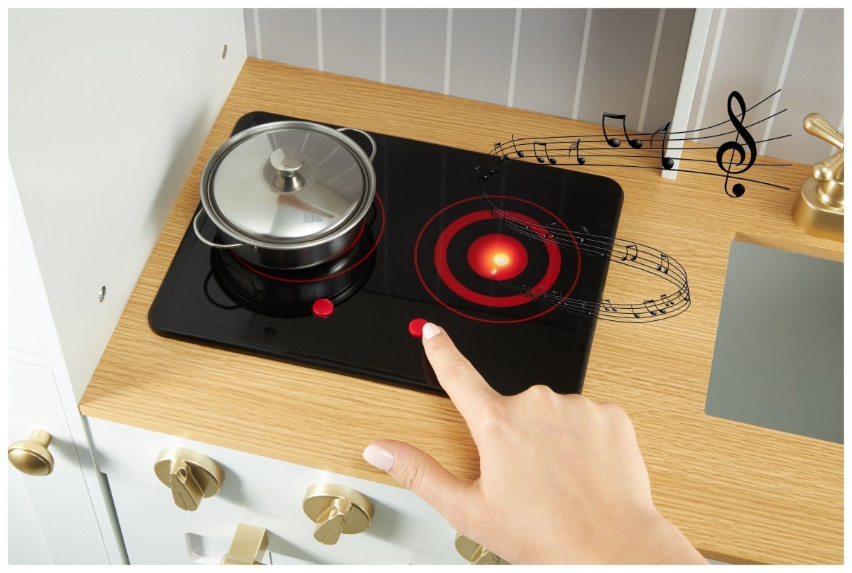 Interaktywna drewniana kuchnia XXL z fartuszkiem, akcesoriami i oświetleniem LED - dwupoziomowa