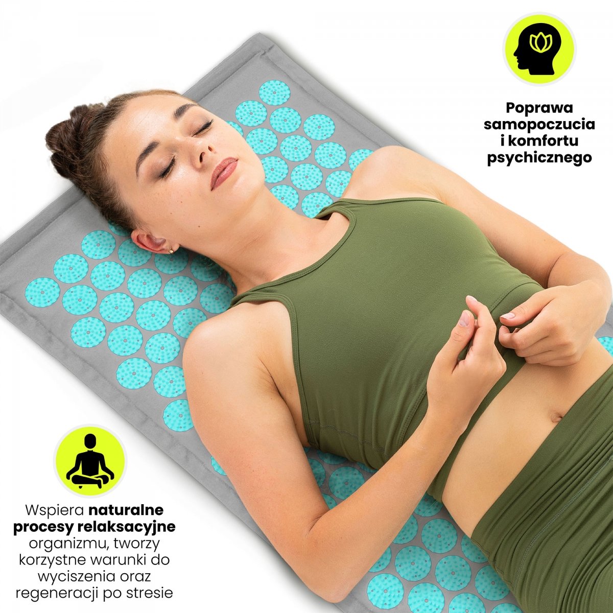 Mata do akupresury ECO lniana z włóknem kokosowym i poduszką z gryki – 68 cm HyperMotion szaro-miętowa