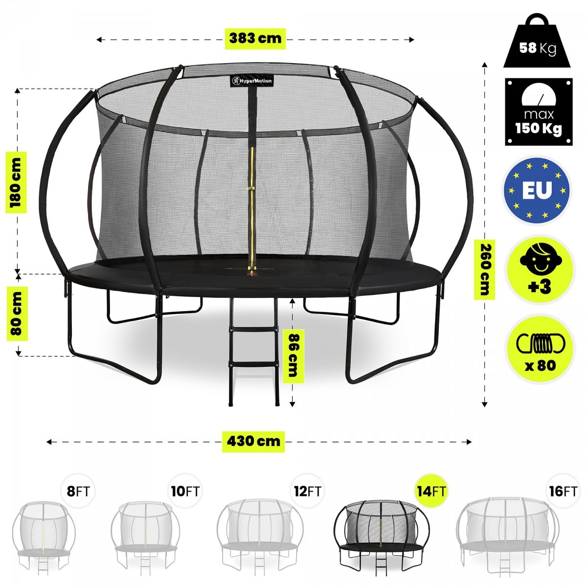 Trampolina ogrodowa XXXL dla dzieci HyperMotion - 430 cm 14FT - z drabinką i siatką wewnętrzną - do domu i ogrodu - 150kg max