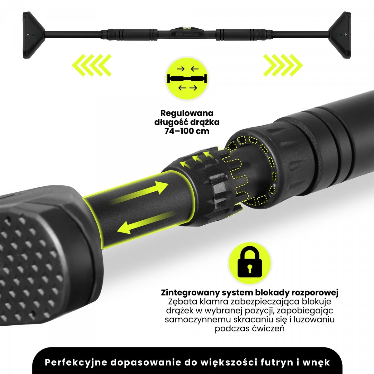 Drążek rozporowy do podciągania HyperMotion regulowany 70–100 cm, 200kg, czarny