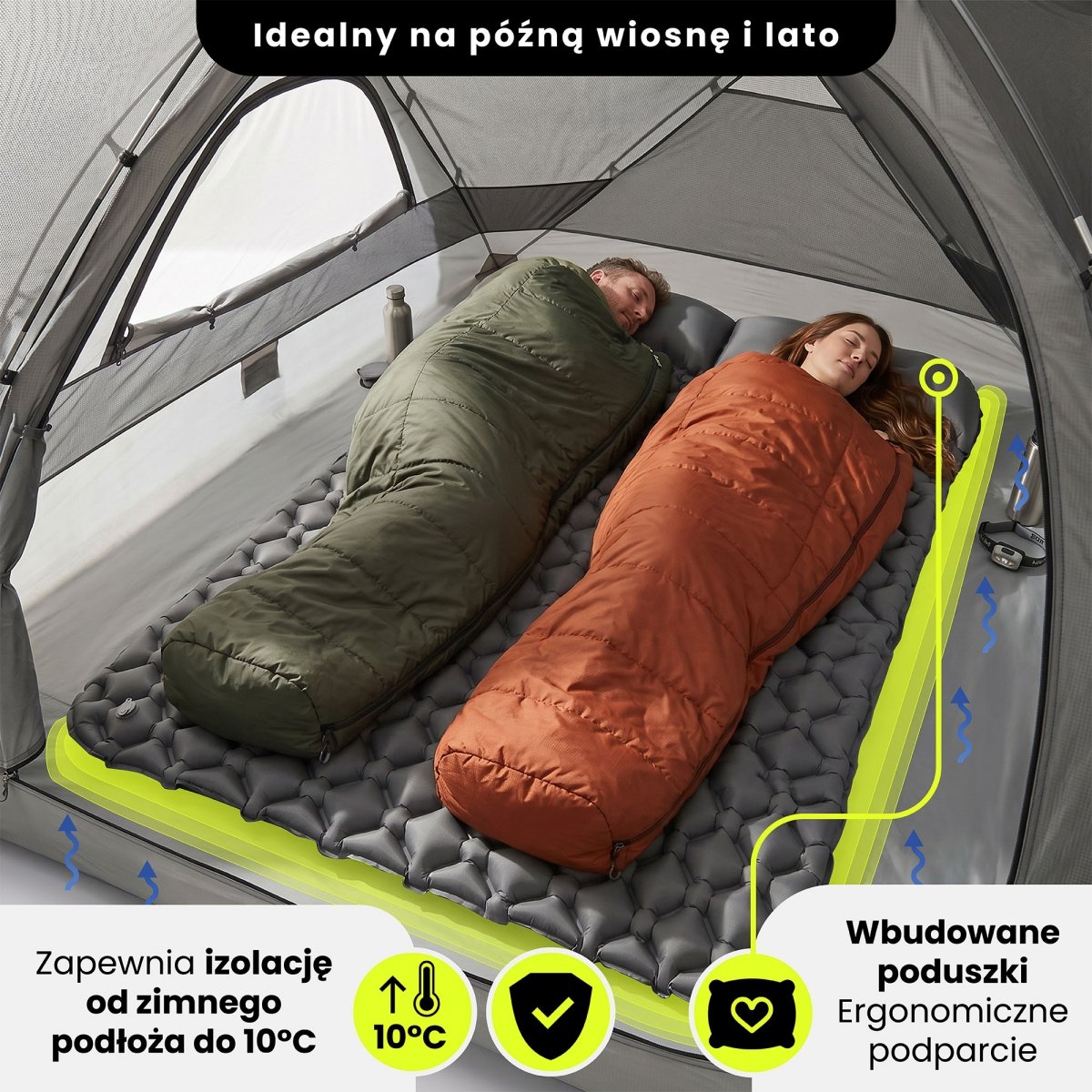 Ultralekki materac dmuchany dwuosobowy do spania na kemping i trekking HyperMotion Campmat – 190x120 cm – szary