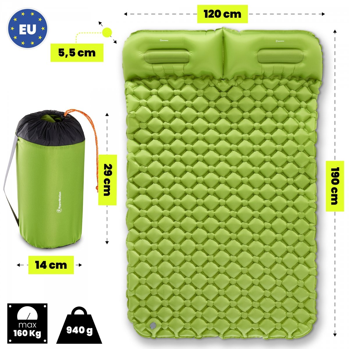 Ultralekki materac dmuchany dwuosobowy do spania na kemping i trekking HyperMotion Campmat – 190x120 cm – zielony