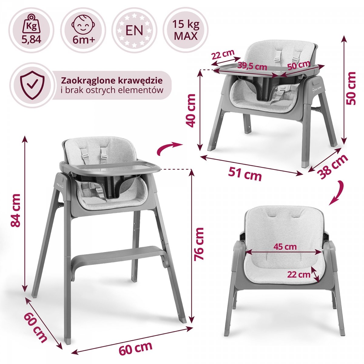 Składane krzesełko do karmienia Noxi 3w1, dwupoziomowe dla dziecka - Moby-System szare