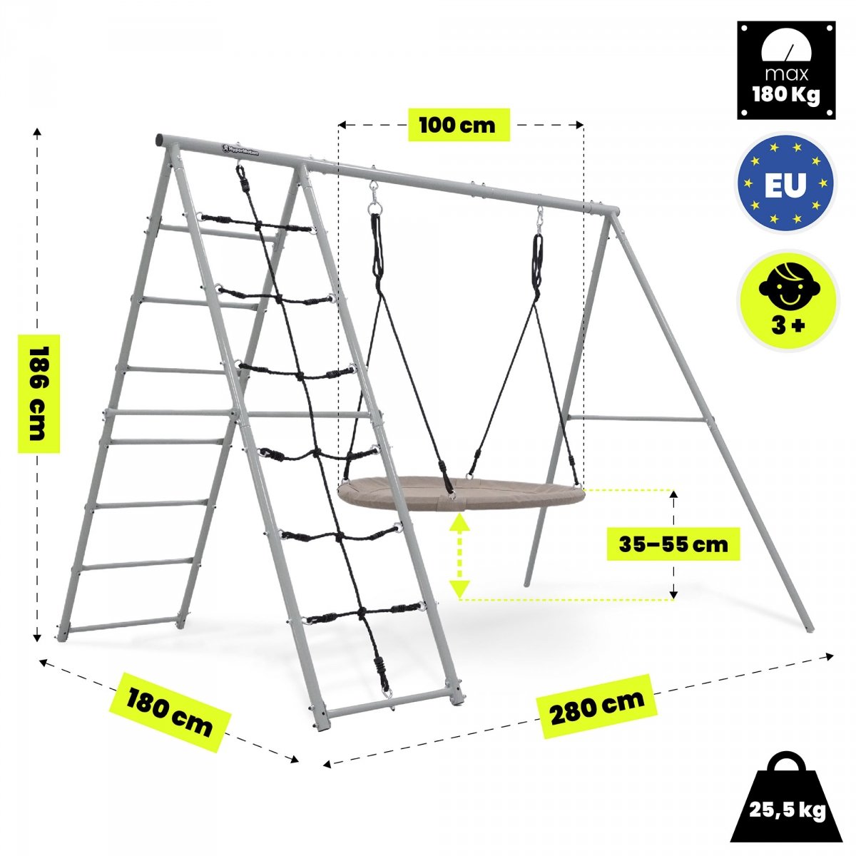Ogrodowy plac zabaw XL 3w1 z bocianim gniazdem, drabinką i siatką wspinaczkową HyperMotion