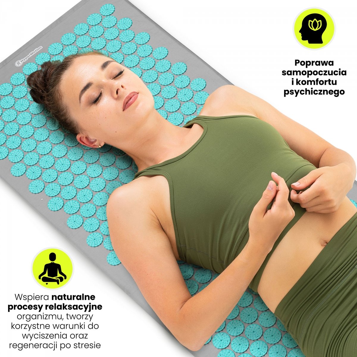 Duża mata do akupresury z poduszką i pokrowcem - 130 cm HyperMotion szaro-miętowa