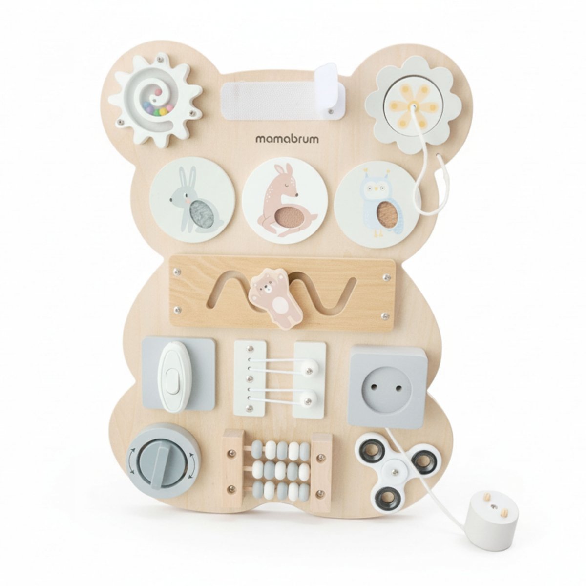 Drewniana tablica manipulacyjna Montessori Miś – sensoryczna nauka samodzielności: rzep, wtyczka, labirynt, klikające pokrętło