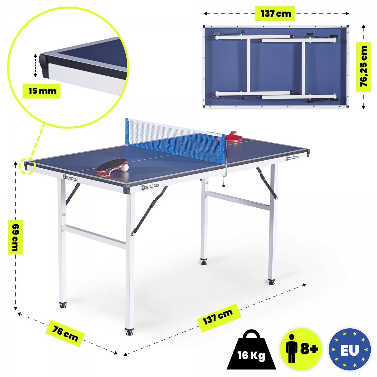 Przenośny, składany stół do ping ponga dla dzieci, Mini tenis stołowy Hyper Motion 137 x 76 x 69 cm