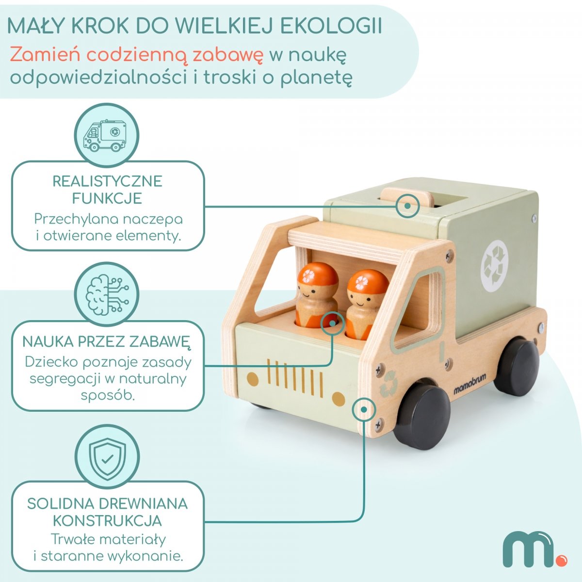Drewniane auto do segregacji odpadów - śmieciarka z akcesoriami
