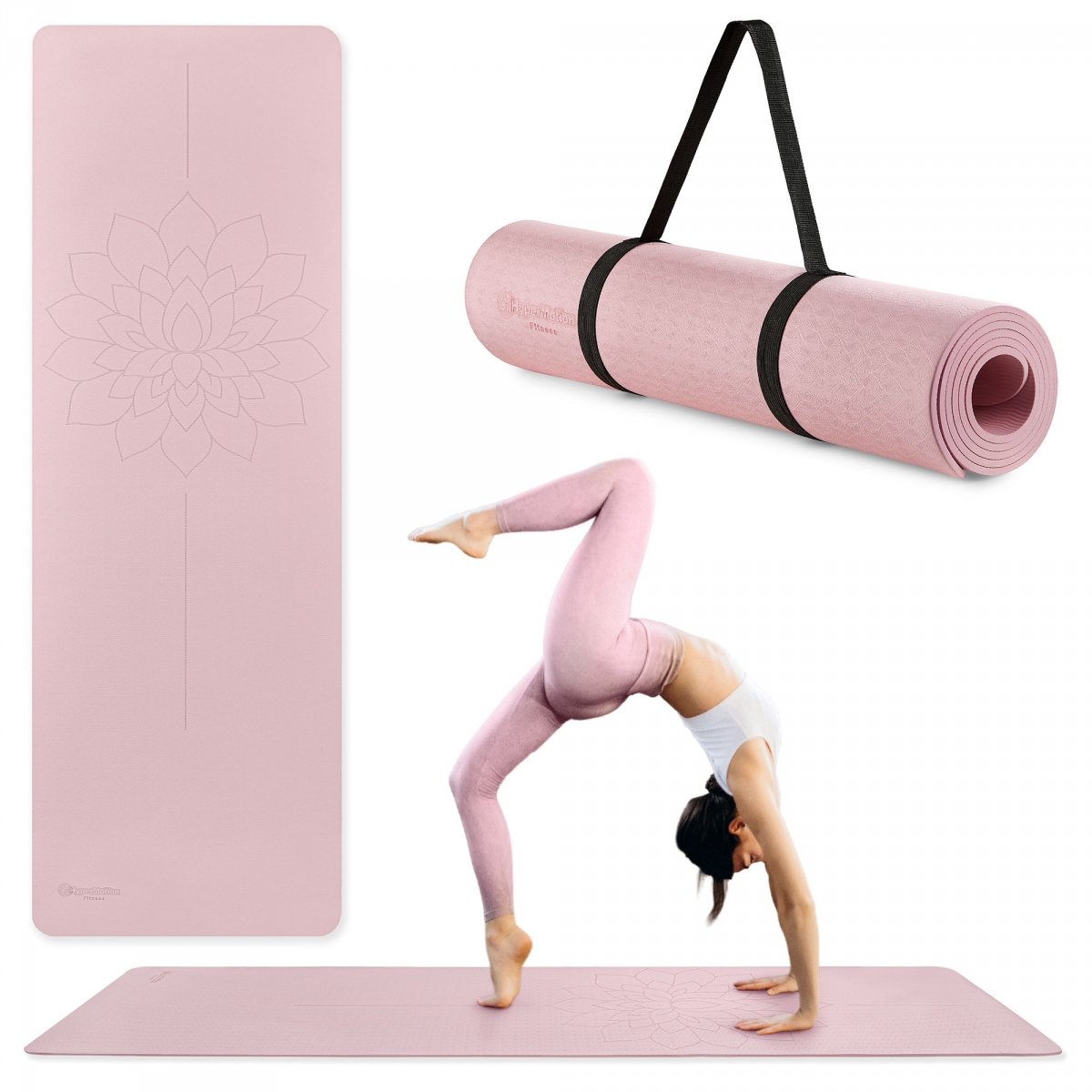 Mata do jogi i ćwiczeń HyperMotion Lotos TPE 6 mm z paskiem - 183 x 61 cm - różowa