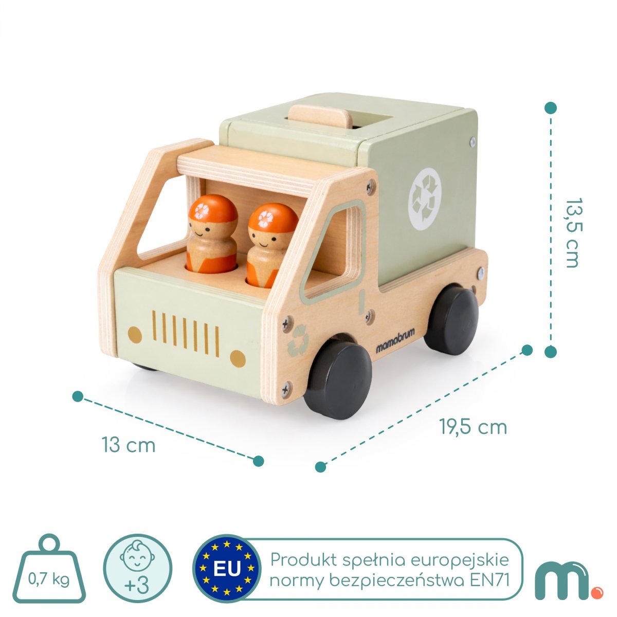 Drewniane auto do segregacji odpadów - śmieciarka z akcesoriami